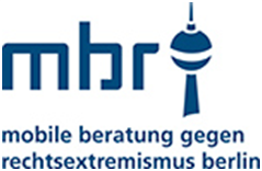 MBR-Logo in Dunkelblau: neben den Buchstaben MBR ist der Fernsehturm dargstellt, darunter steht "mobile beratung gegen rechtsextremismus berlin"