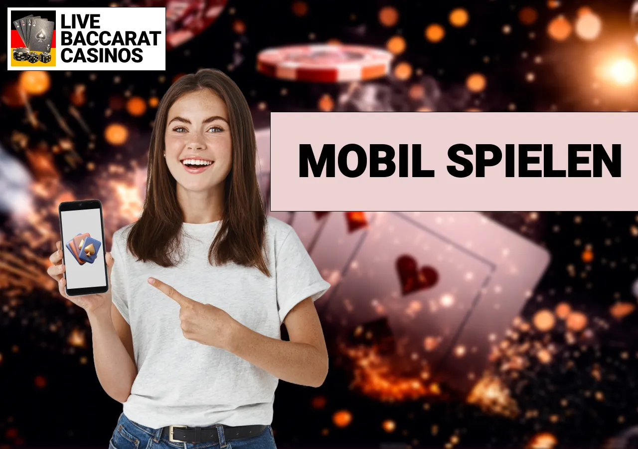 Spielerin nutzt ein Smartphone für Live-Baccarat in einem mobilen Casino.